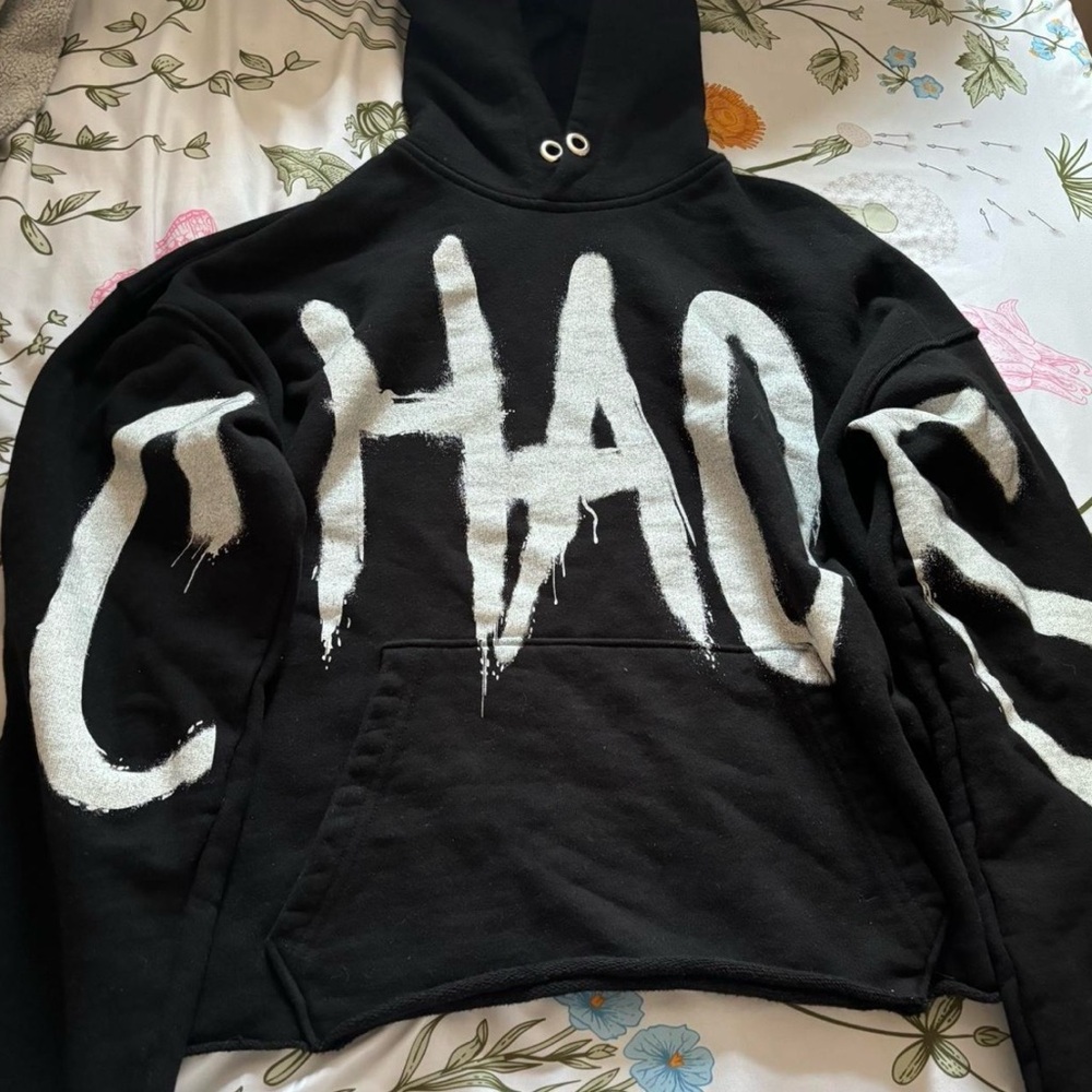 Black Hoodie with Bold White 'CHAOS' Graphic